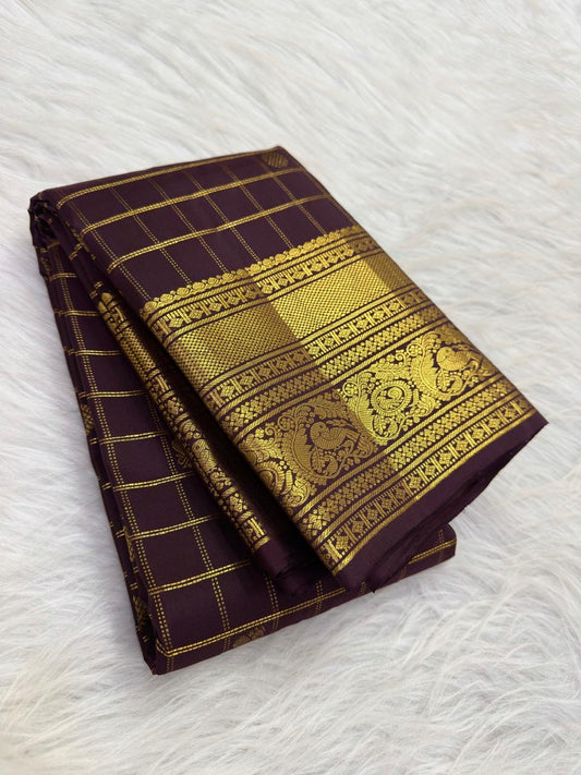 Cocoa Brown Kanchipuram saree with plum undertone, Idam Living
