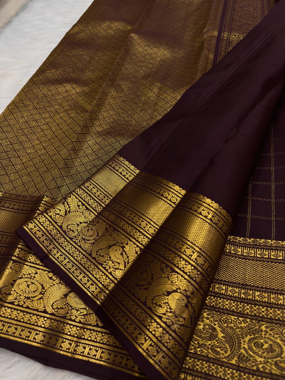 Cocoa Brown handwoven Pure Silk Kanchi Pattu Zari Kattam saree by Idam Living