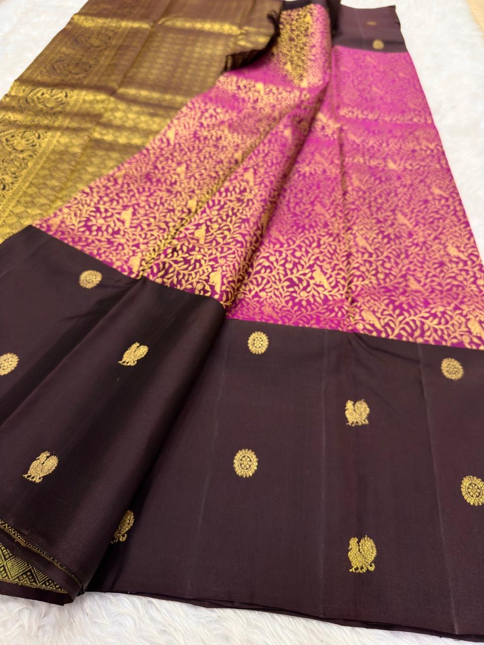 Cocoa brown pure silk Kanchipuram saree with gold zari floral jaal – drape view