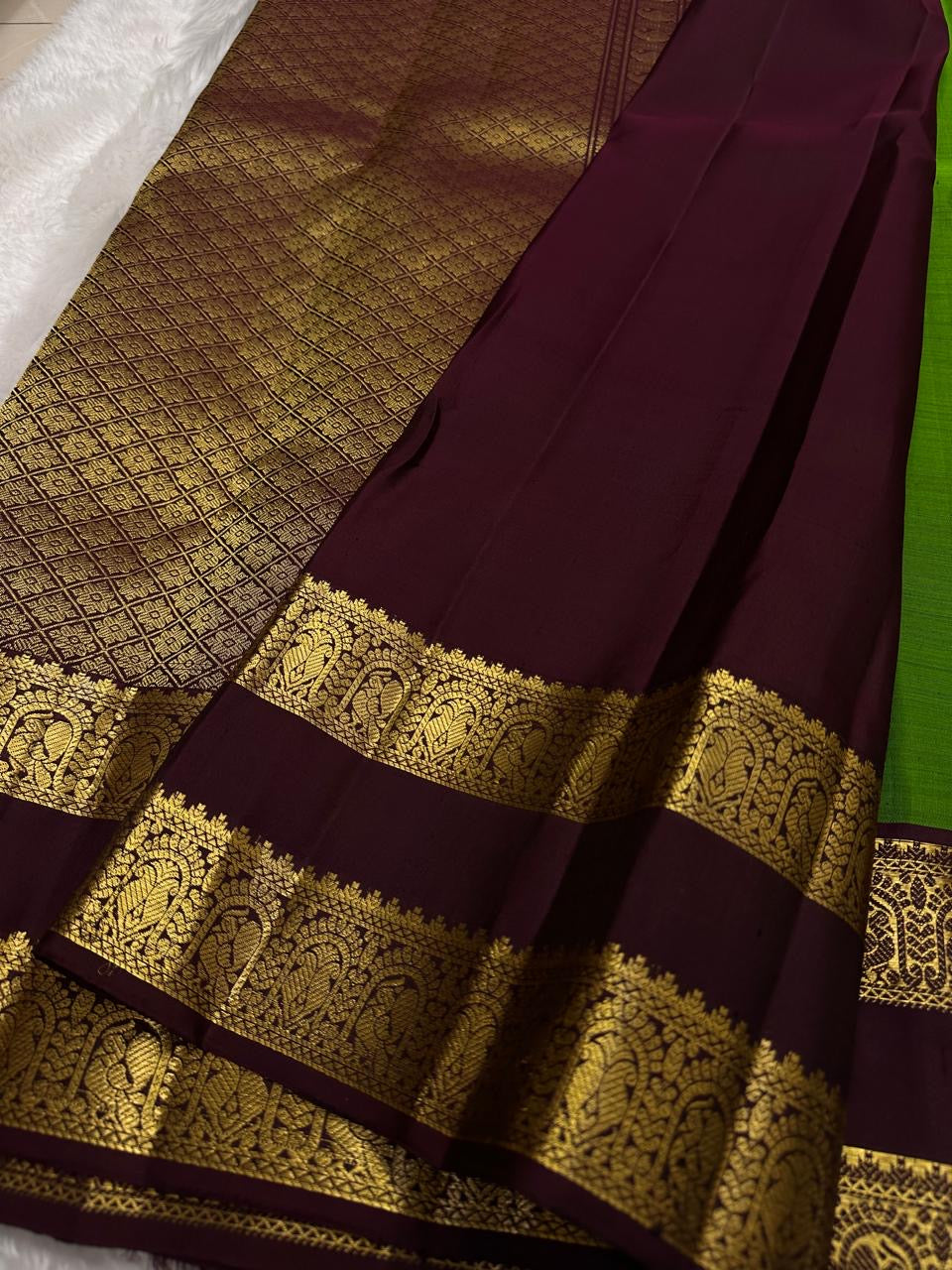 Coffee brown border parrot green Kanjivaram silk saree traditional zari USA Idam Living