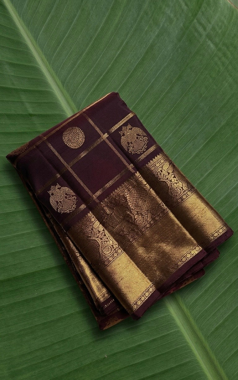 Pure Kanchipuram silk saree in coffee brown with antique gold zari kattam checks and Gandaberunda motifs