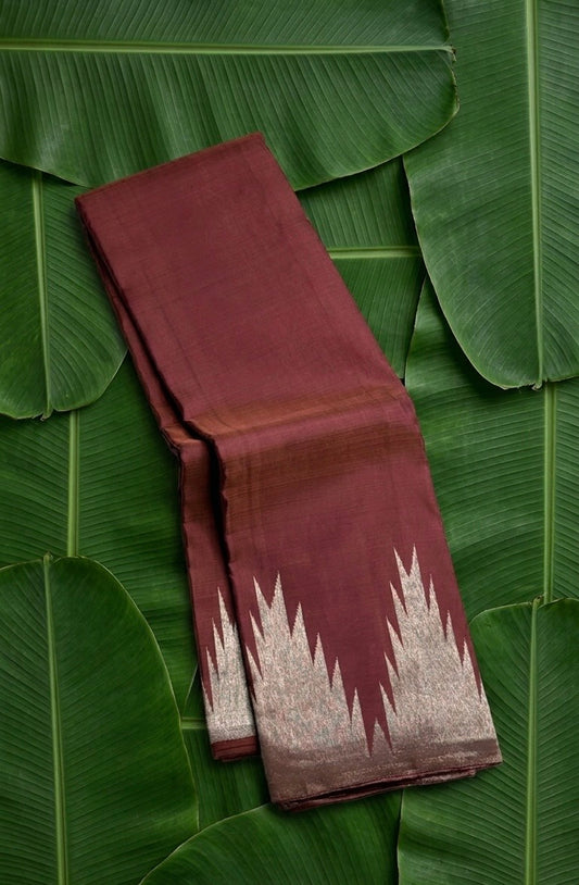 Cinnamon brown handwoven Kanchipuram pure silk saree with ettukol antique copper zari border — Idam Living