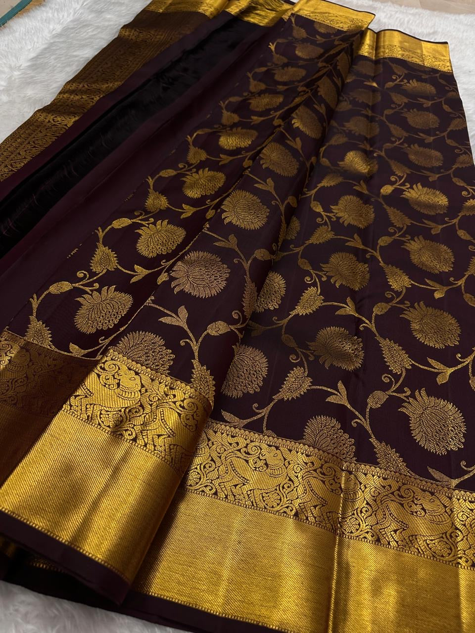 Coffee brown Kanjeevaram pure silk saree with zari checks and floral jaal body.
