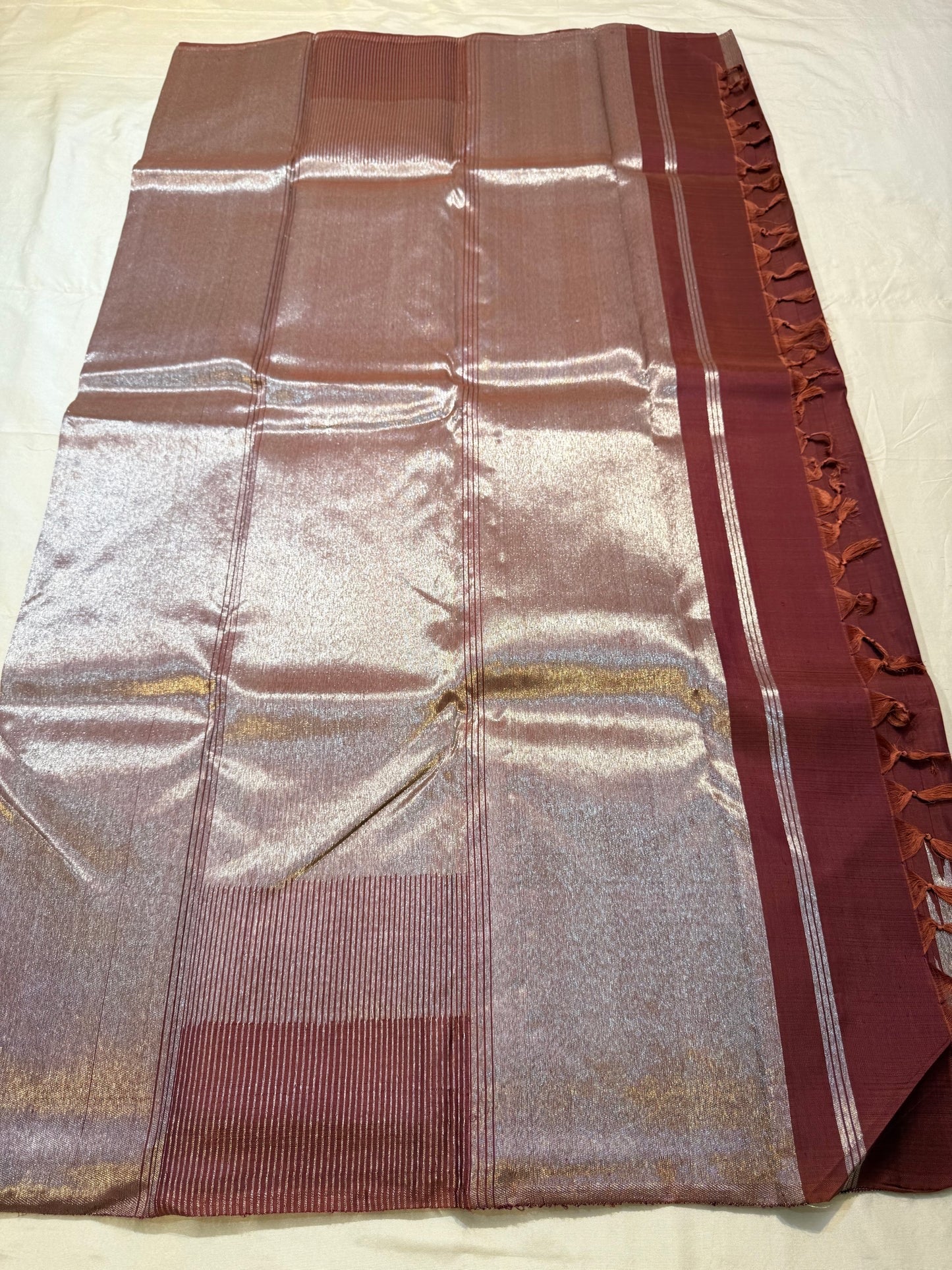 Ettukol flame motifs in antique copper zari on cinnamon brown Kanjeevaram silk saree — Idam Living