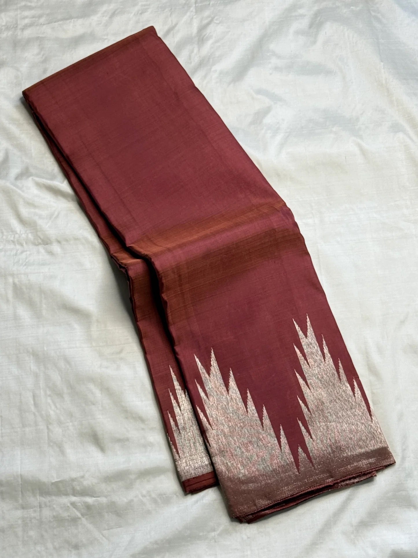 Ettukol antique copper zari pallu on cinnamon brown Kanjeevaram pure silk saree — Idam Living