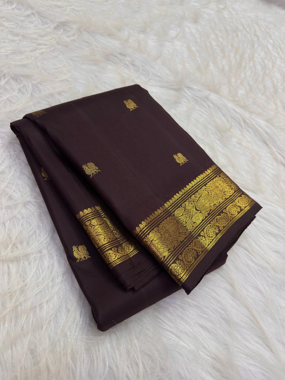 Coffee Brown Kanjivaram silk saree with petite Maanga thanga-zari buttas