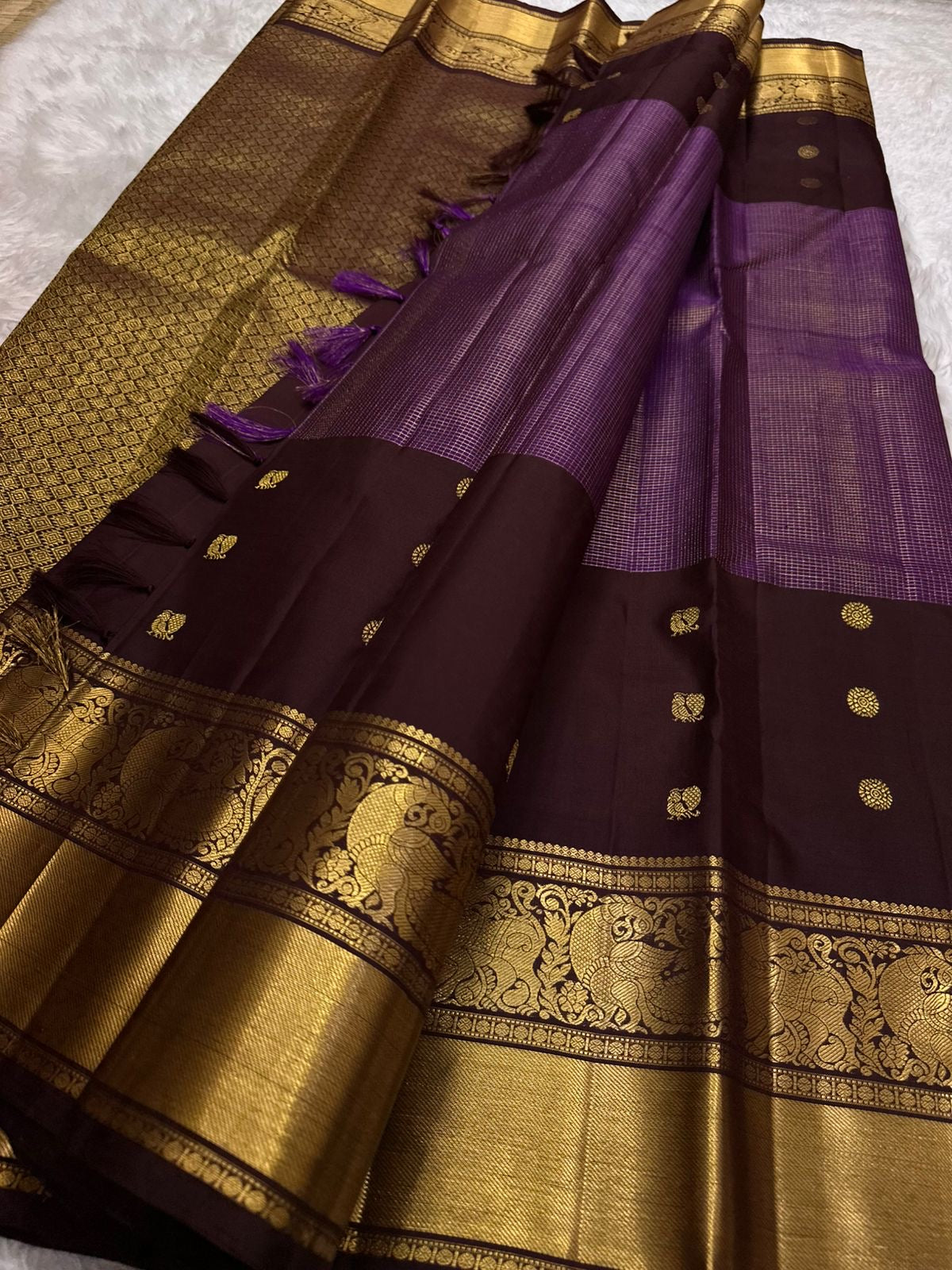 Coffee brown Kanjivaram silk saree with traditional antique gold zari close-up