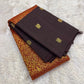 Coffee brown Kanjivaram saree with burnt terracotta floral jaal pallu – full length view