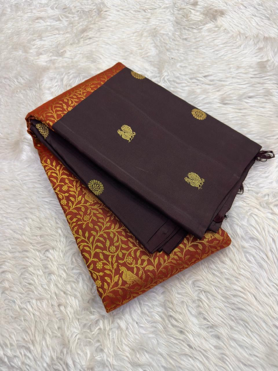 Coffee brown Kanjivaram saree with burnt terracotta floral jaal pallu – full length view