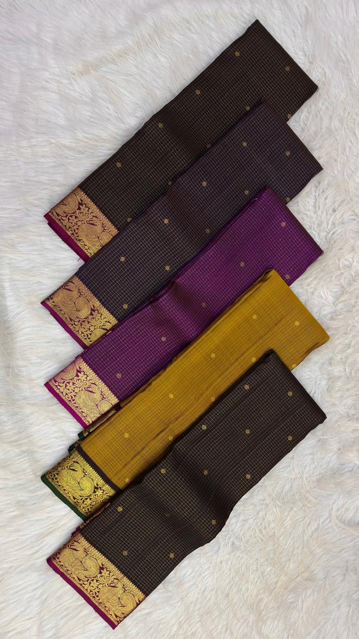 Mustard Yellow Handwoven Pure Silk Kanjivaram Zari Kattam Saree with Coffee Brown Peacock Border – border detail view