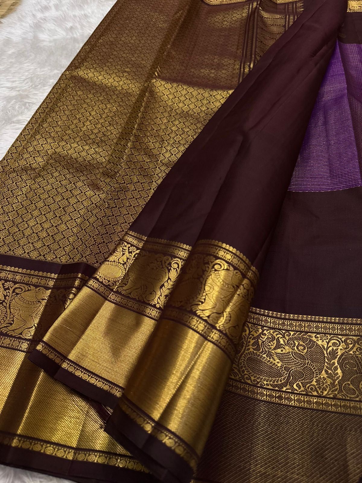 Coffee brown pure Kanchipuram silk saree with traditional zari buttas detail