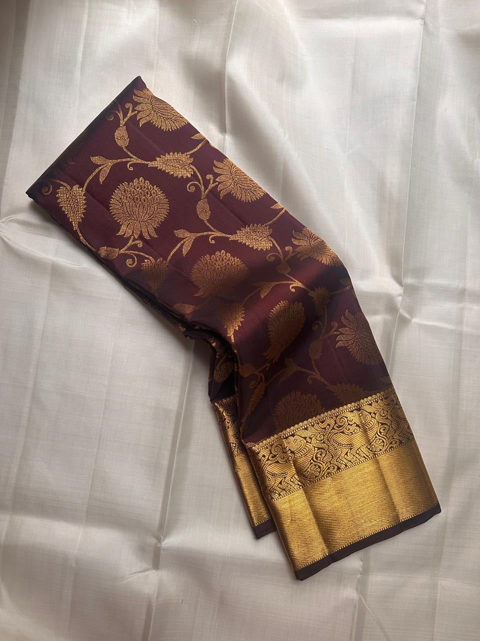 Coffee brown handwoven Pure Silk Kanchipuram Zari Kattam saree with floral jaal, full drape view.