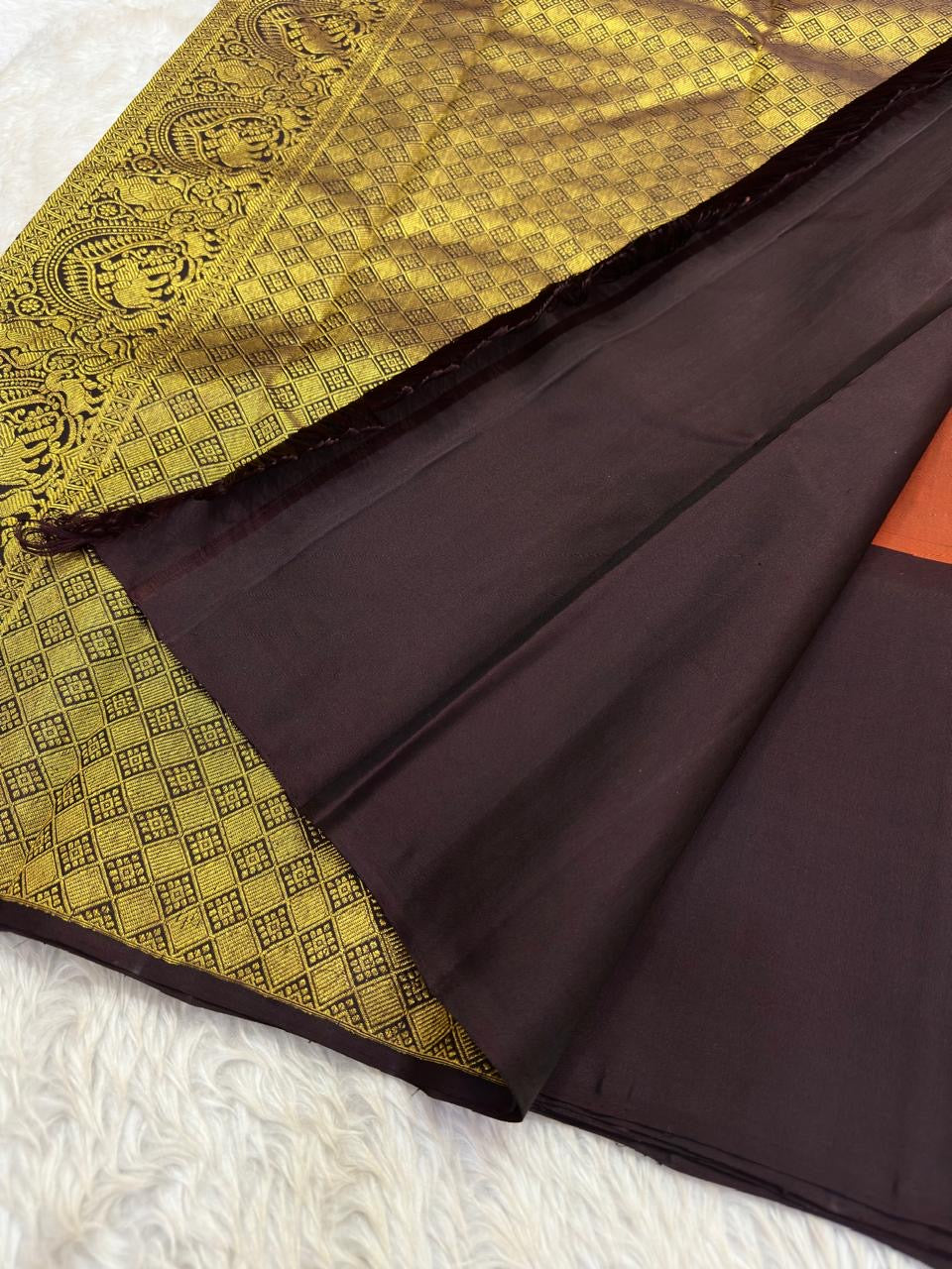Deep coffee brown Vanasringaram Kanchipuram silk saree with zari floral jaal – front view