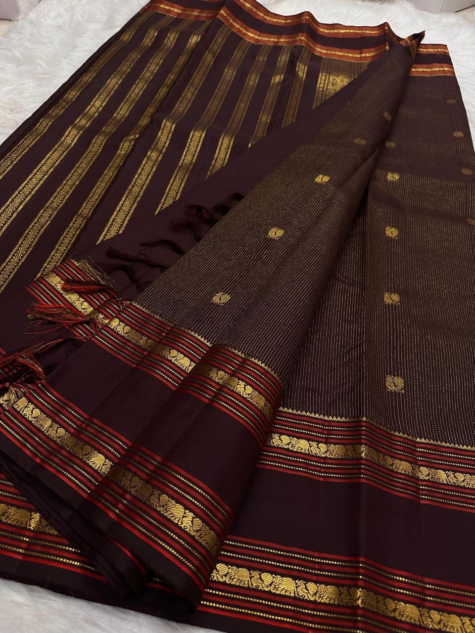 Coffee brown Kanjivaram saree with silk thread zari border