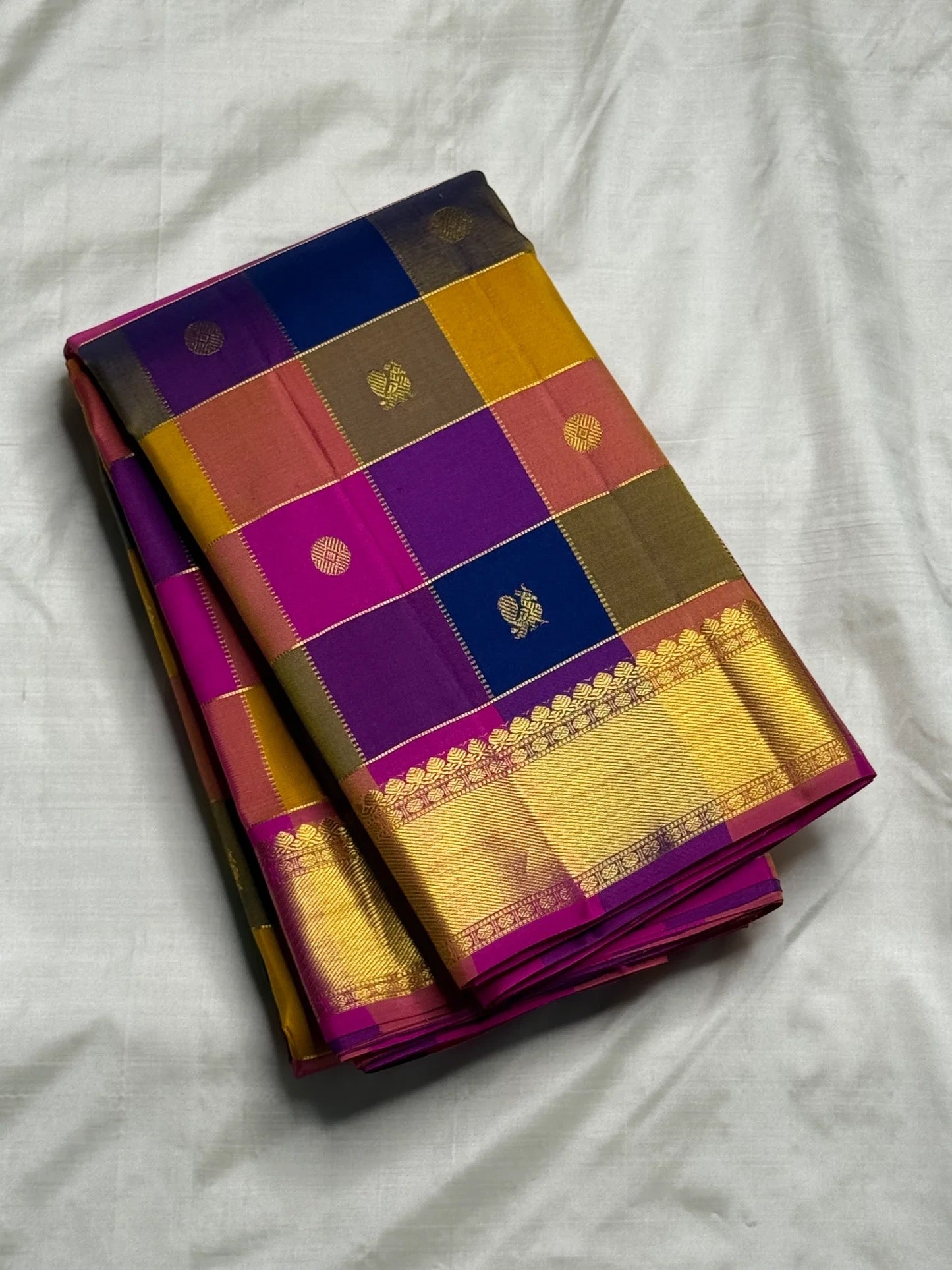 Multicolour paalum pazhamum check body with gold zari butta on Kancheepuram silk saree — Idam Living