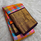 Kesari orange sky blue pink and yellow Kanchi Kattam silk checks | Kanjipuram pure silk saree.