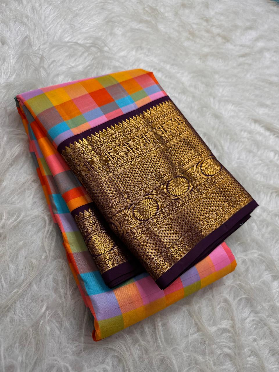 Kesari orange sky blue pink and yellow Kanchi Kattam silk checks | Kanjipuram pure silk saree.