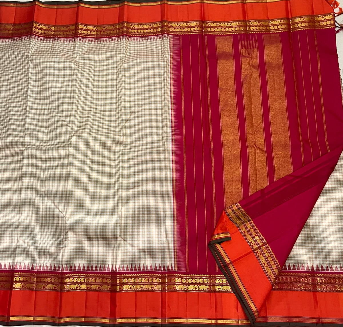 Biscuit beige checked Kanchipuram Kai Korvai Rettapet silk saree with sharp orange border and seer Arakku pallu — Idam Living