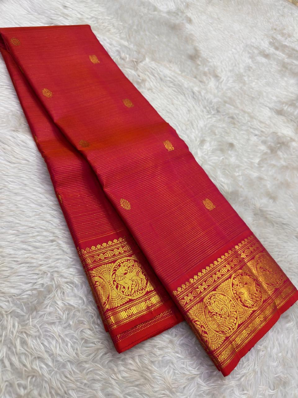 Vermilion Coral pure silk Kanjivaram saree — gold butta