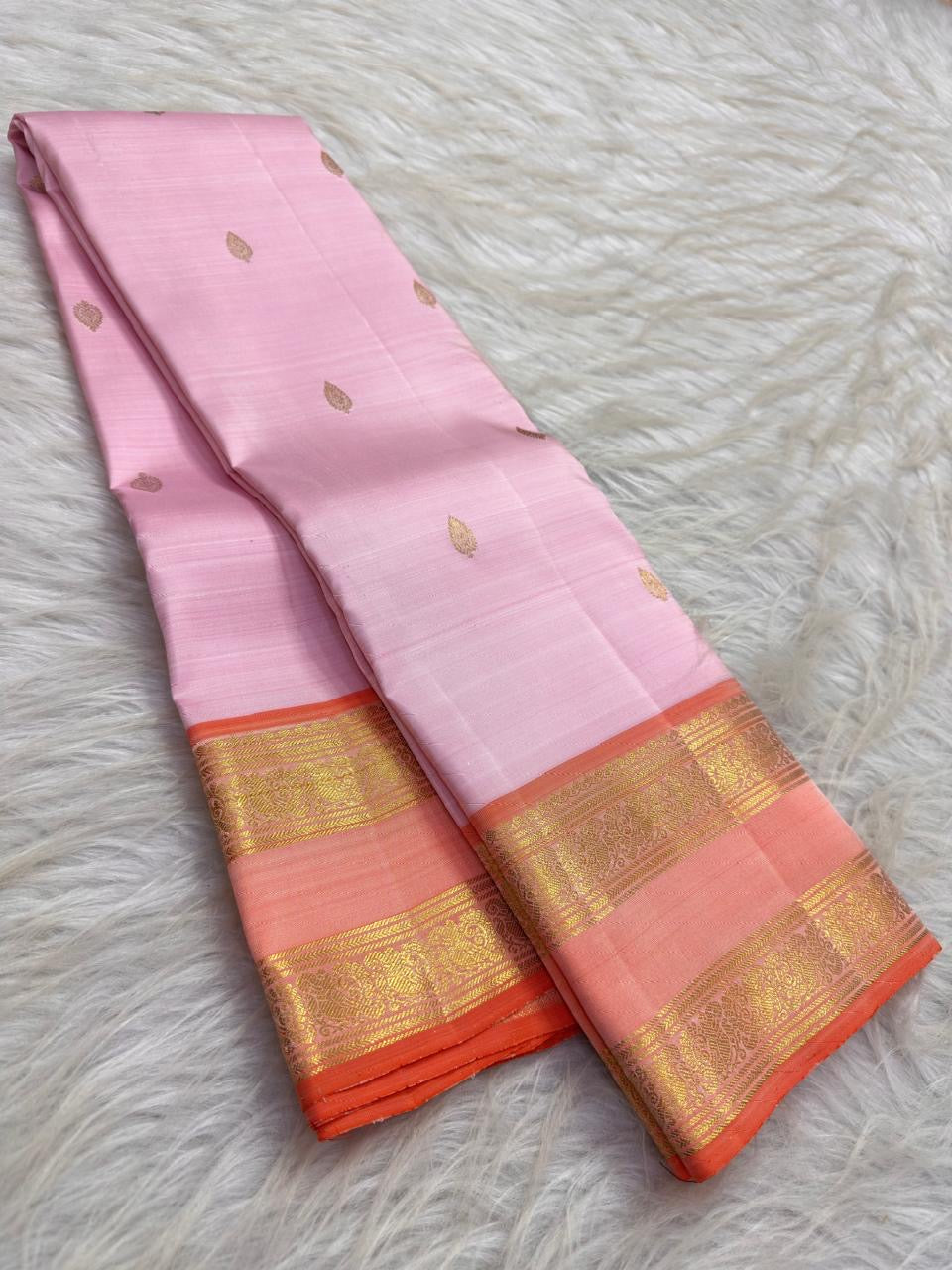 Pale Blush Pink Handwoven Pure Silk Kanjeevaram Rettapet Saree with Coral Orange Gold Zari Border