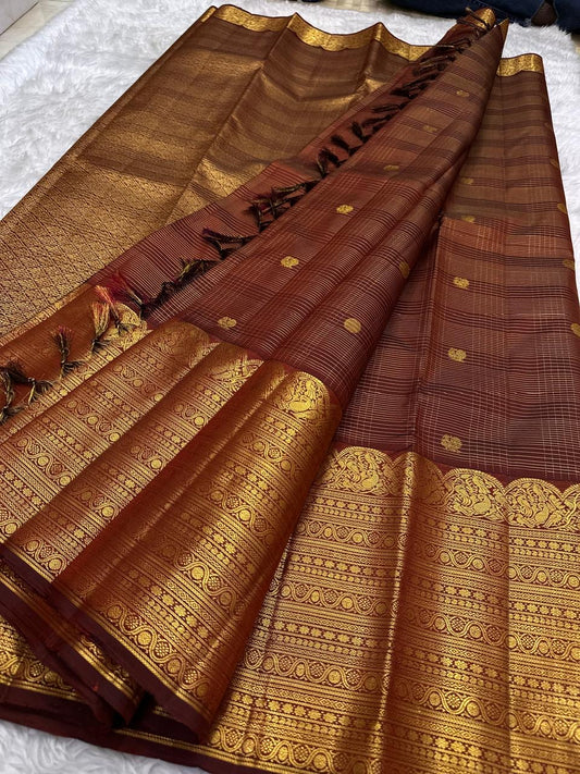 Fine classic-gold Zari Kattam forming measured geometry across warm Cinnamon Rustic Brown silk.