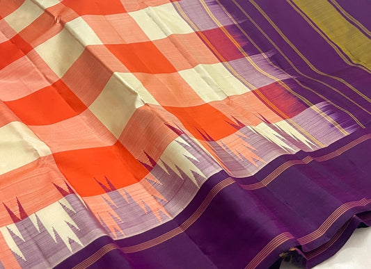 Coral orange and ivory Kanchi Kattam saree body in handwoven pure silk