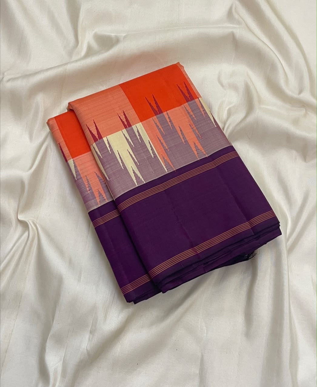 Coral orange and ivory Kanjivaram pure silk saree, full view