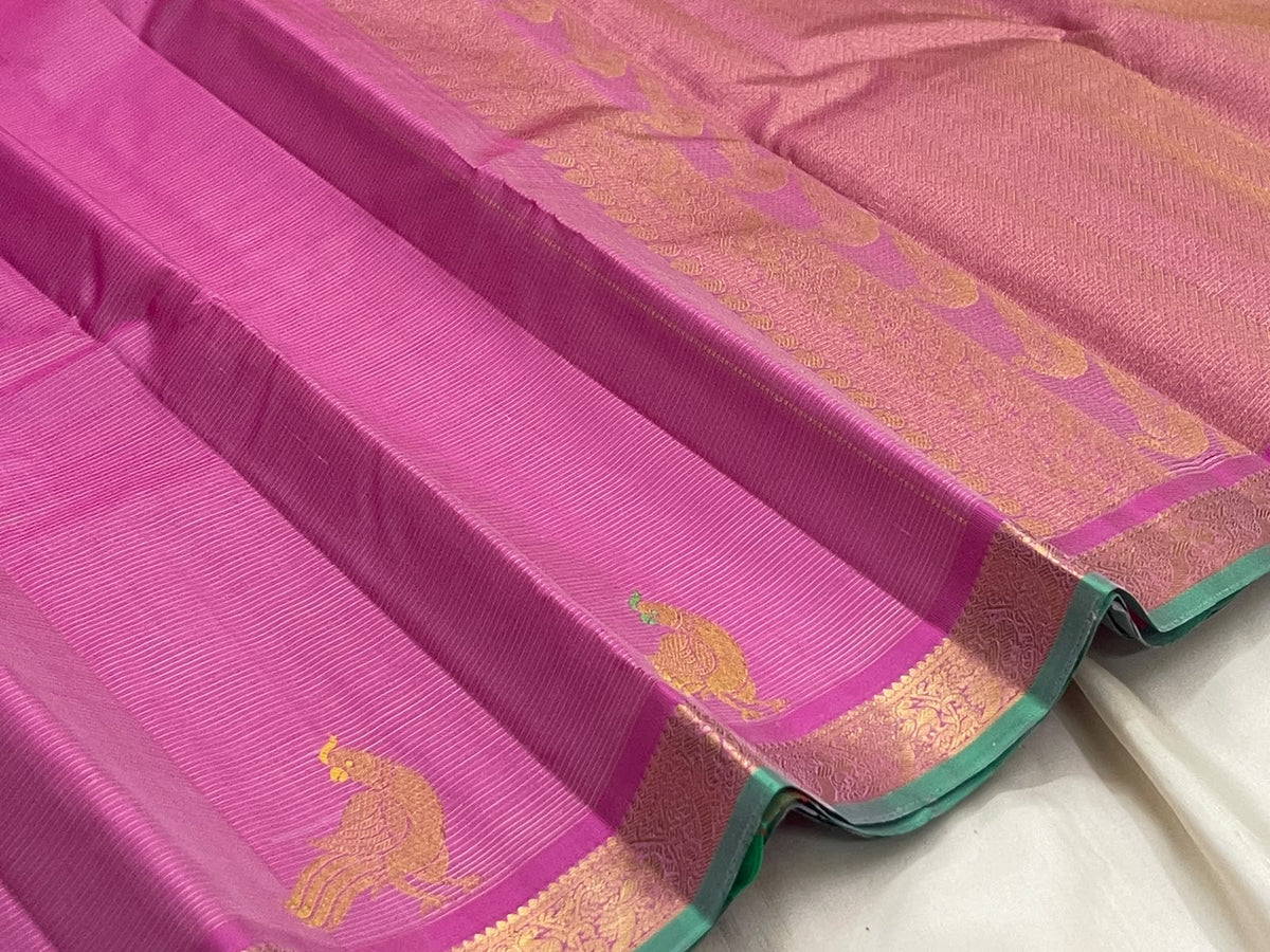 Soft Orchid Pink Handwoven Pure Silk Kanjeevaram Vairaoosi Saree with Peacock Motif