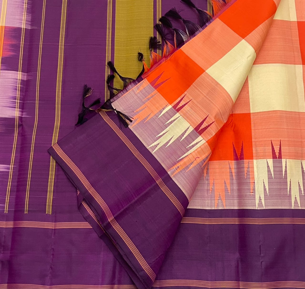 Coral orange pure silk Kanchipuram saree with deep violet pallu