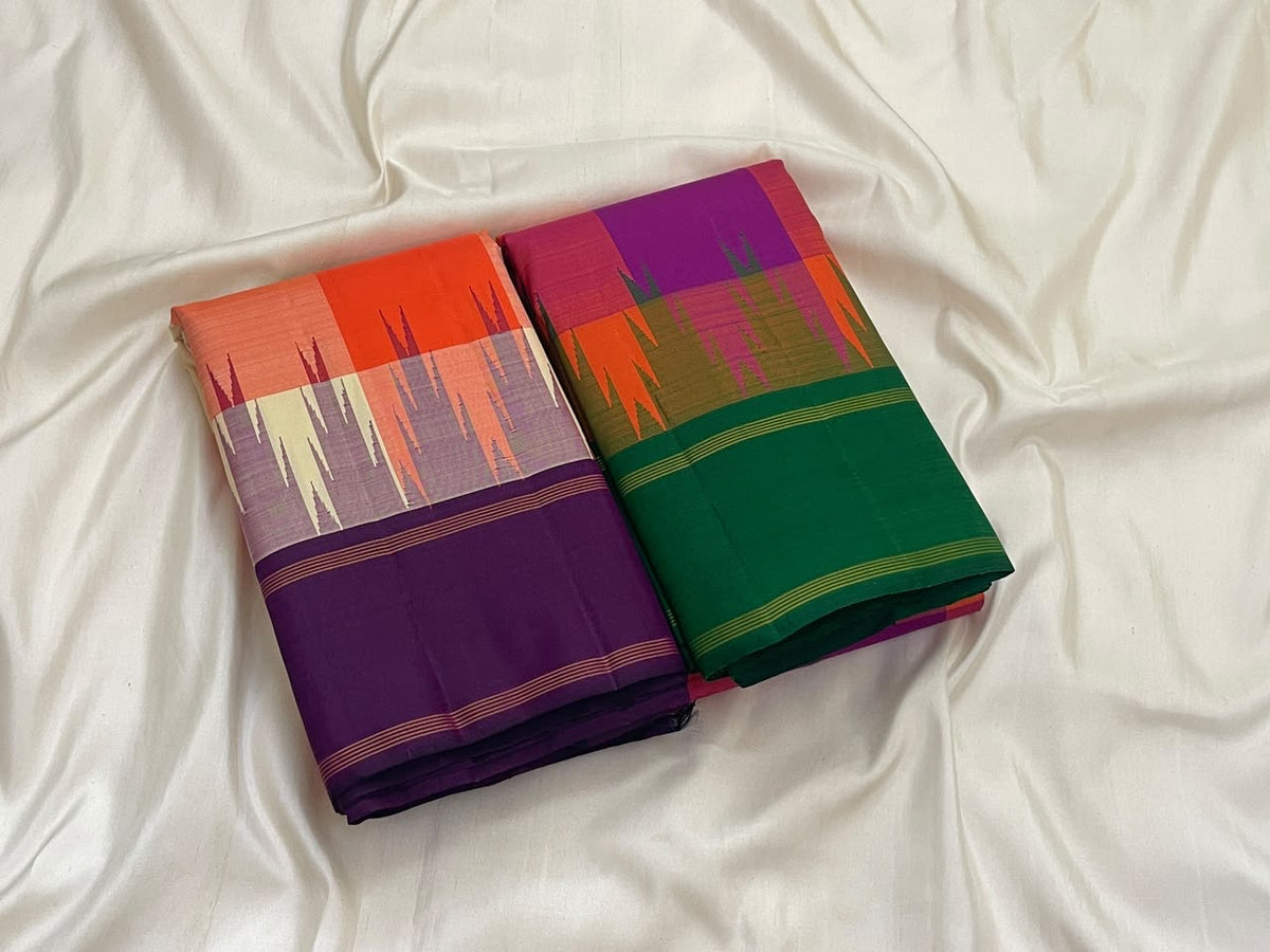 Coral orange and violet Kanchipuram silk saree with deep violet pallu