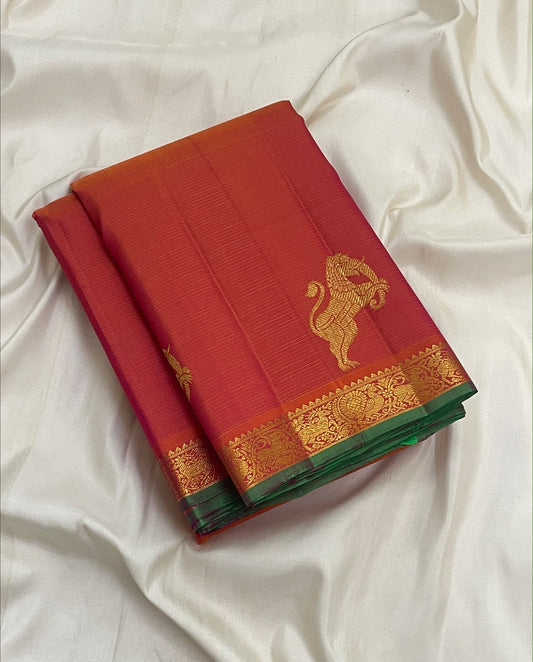 Burnt Coral Orange Handwoven Pure Silk Kanchipuram Vairaoosi Saree with Yazhi Motif