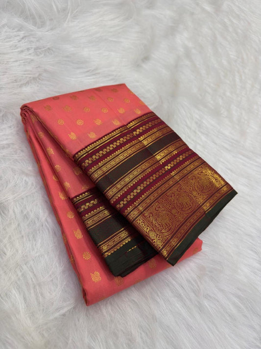 Coral Peach Kanchi Pattu silk saree pallu with dense zari work