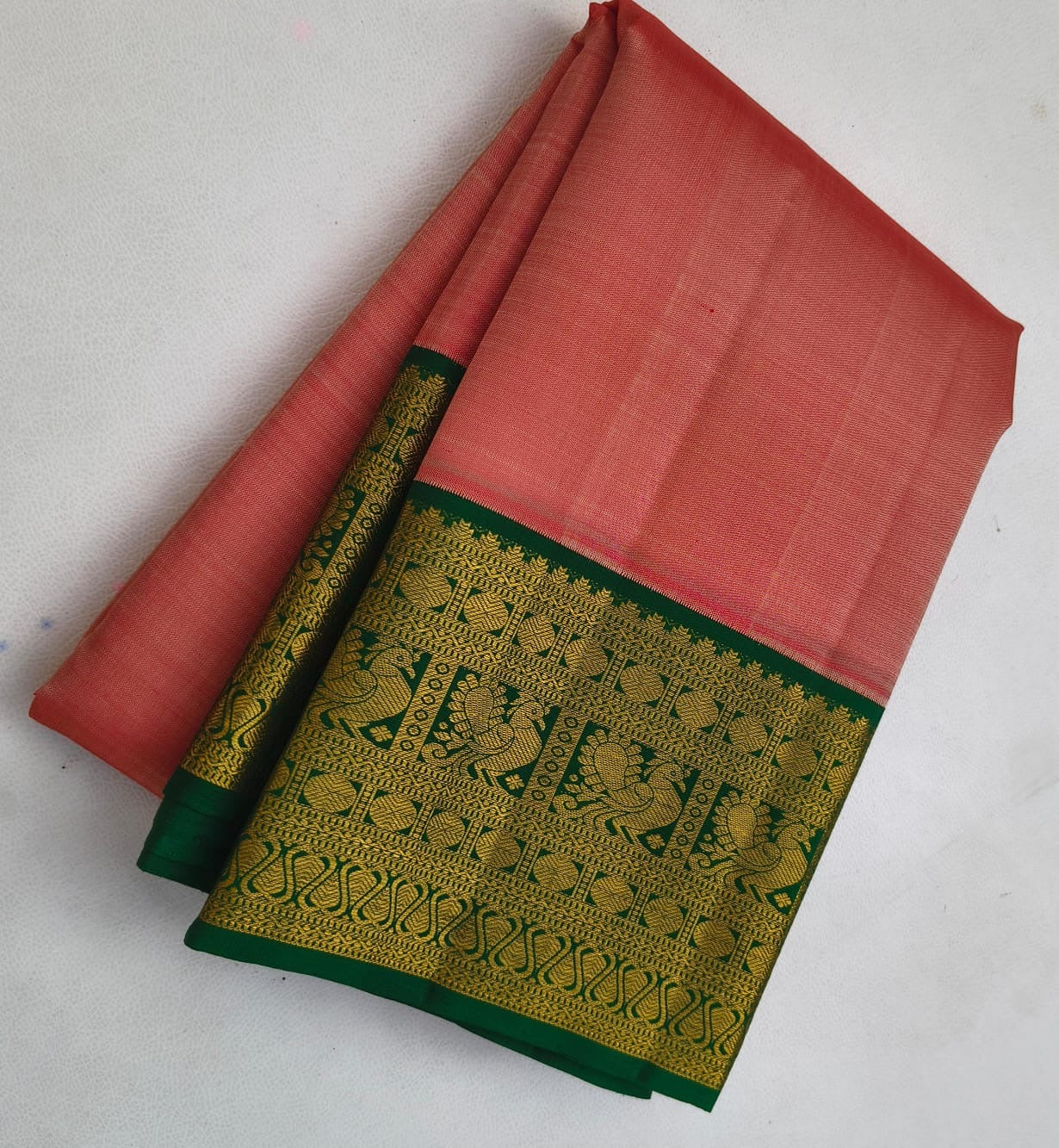 Coral Peach Pink and Emerald Green Handwoven Pure Silk Kanchipuram Saree with Korvai Border