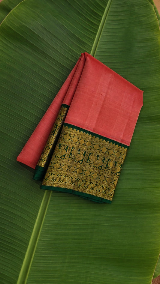 Coral Peach Pink and Emerald Green Handwoven Pure Silk Kanchipuram Saree with Korvai Border