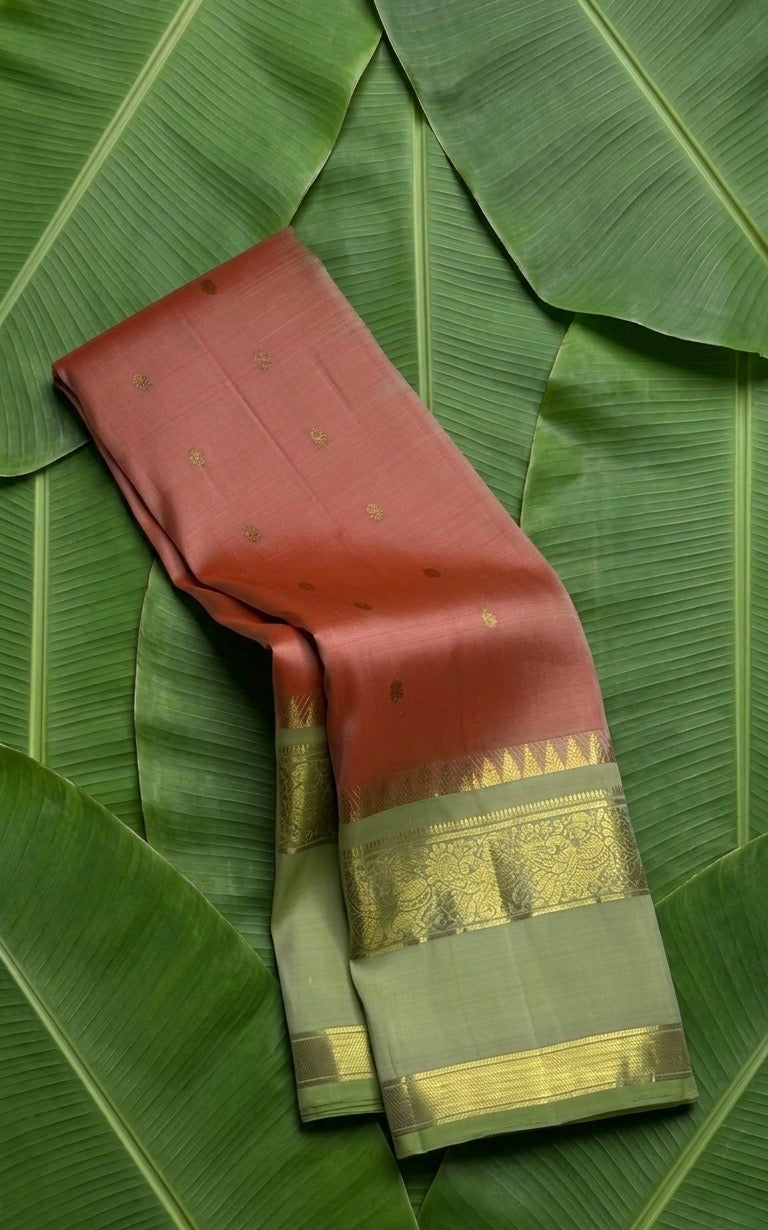 Golden peach and parrot green rettapet korvai Kancheepuram silk saree with floral butta — Idam Living