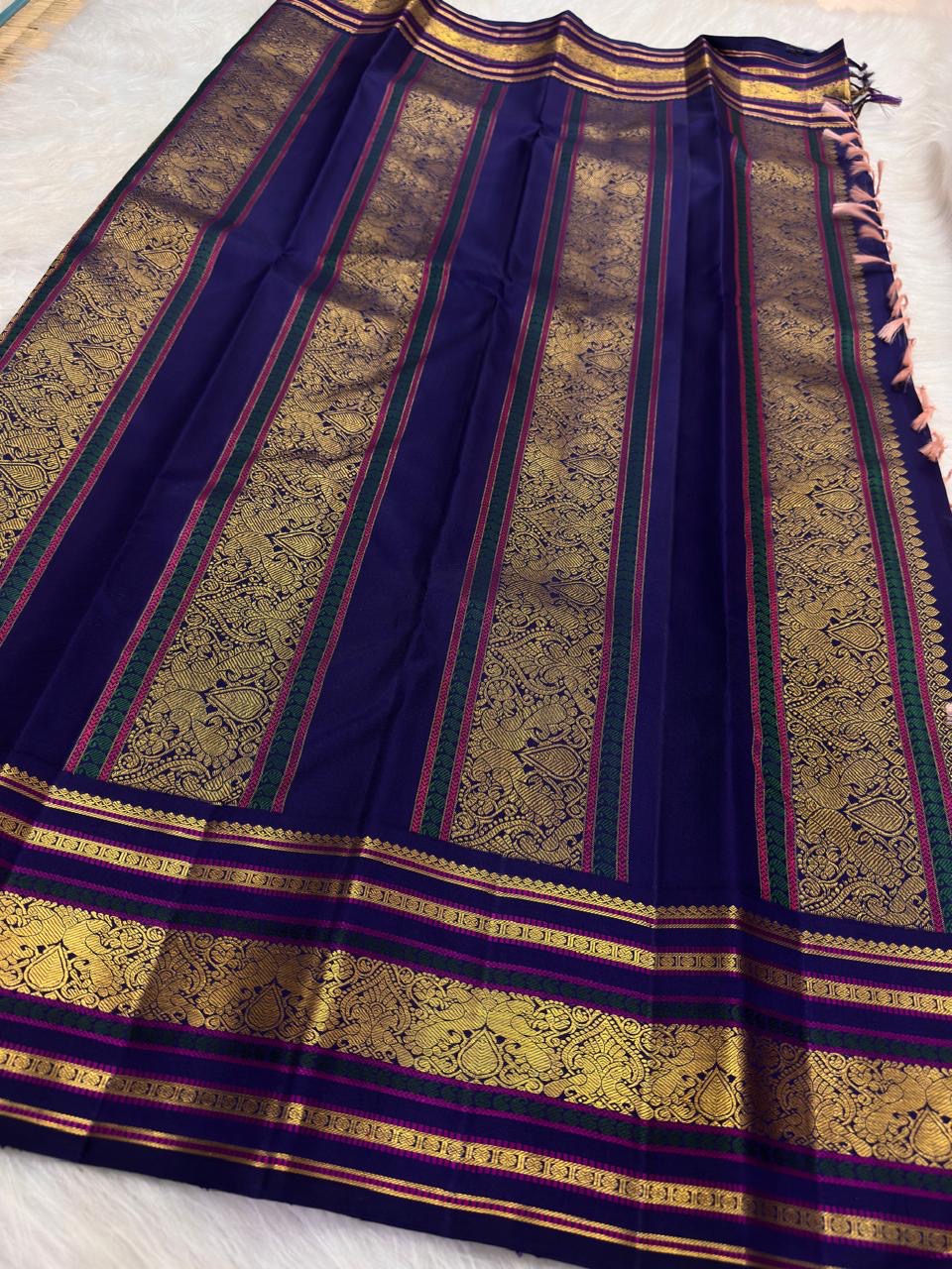 Coral Peach Handwoven Pure Silk KanchiPattu Saree with Royal Indigo Varisaipet Zari Border