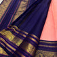 Coral Peach Handwoven Pure Silk KanchiPattu Saree with Royal Indigo Varisaipet Zari Border