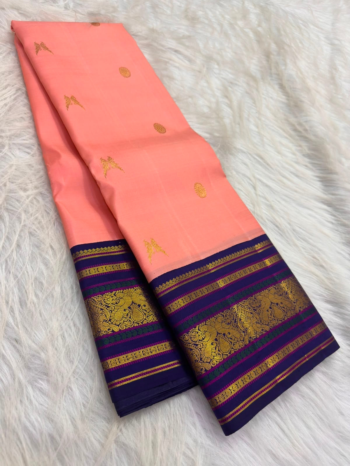 Coral-pink pure silk Kanjeevaram Korvai saree, full drape — Idam Living