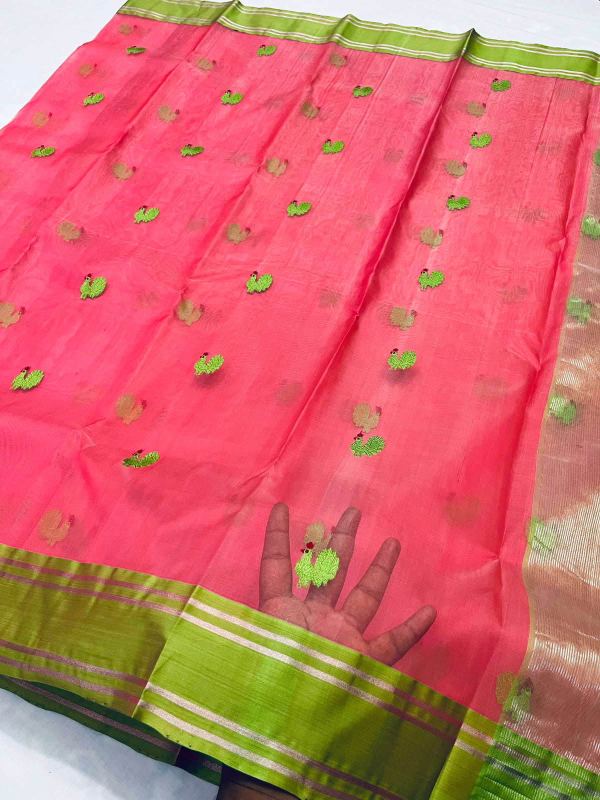 Full view of coral pink handloom Katan Silk Chanderi saree