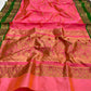 Coral pink handloom Pattu Silk Chanderi saree with emerald green woven border and gold-toned pallu