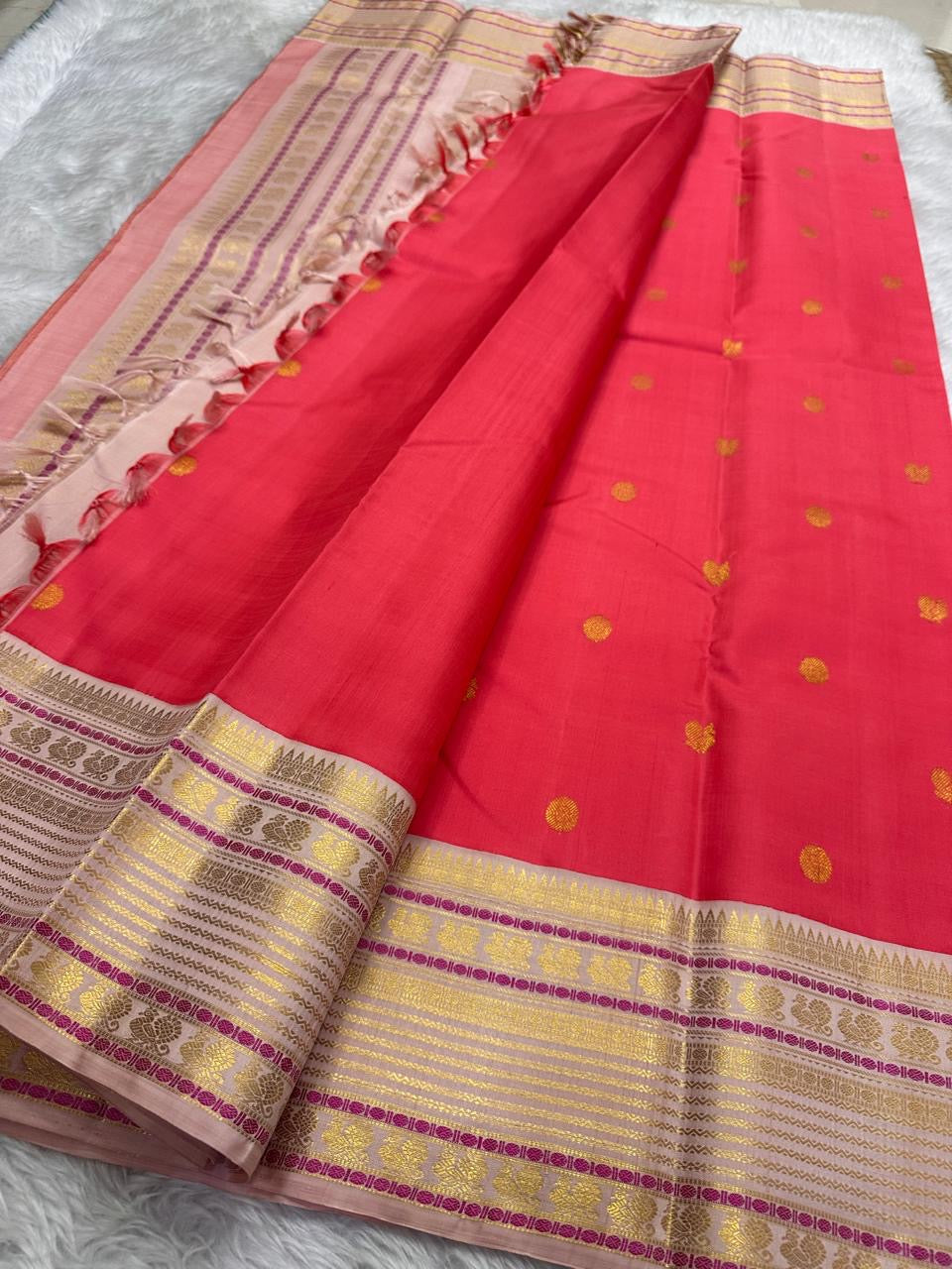 Coral Red Handwoven Pure Silk Kanjipuram Saree with Mayil Chakram Butta and Ganga Jamuna Border