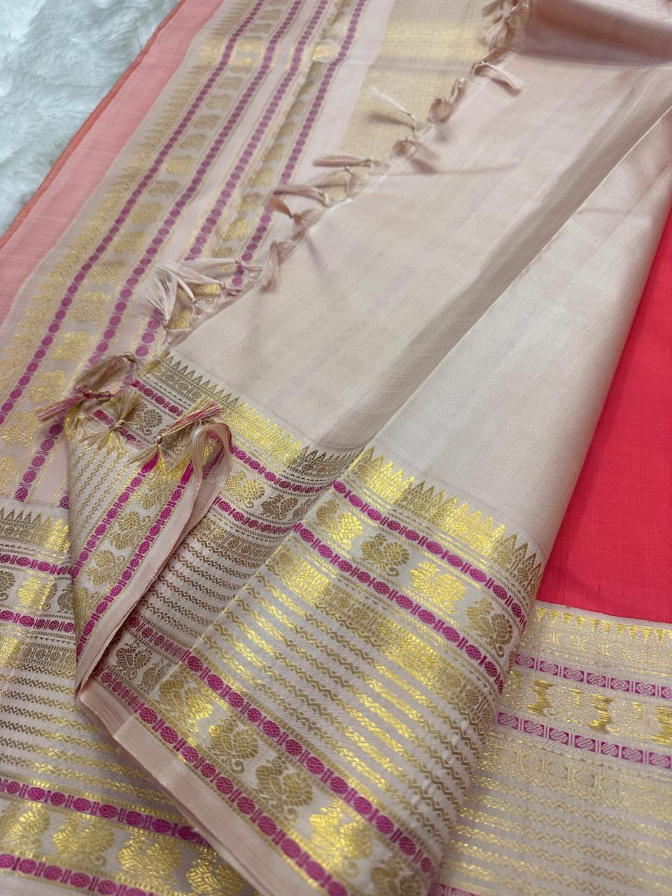 Coral Red Handwoven Pure Silk Kanjipuram Saree with Mayil Chakram Butta and Ganga Jamuna Border