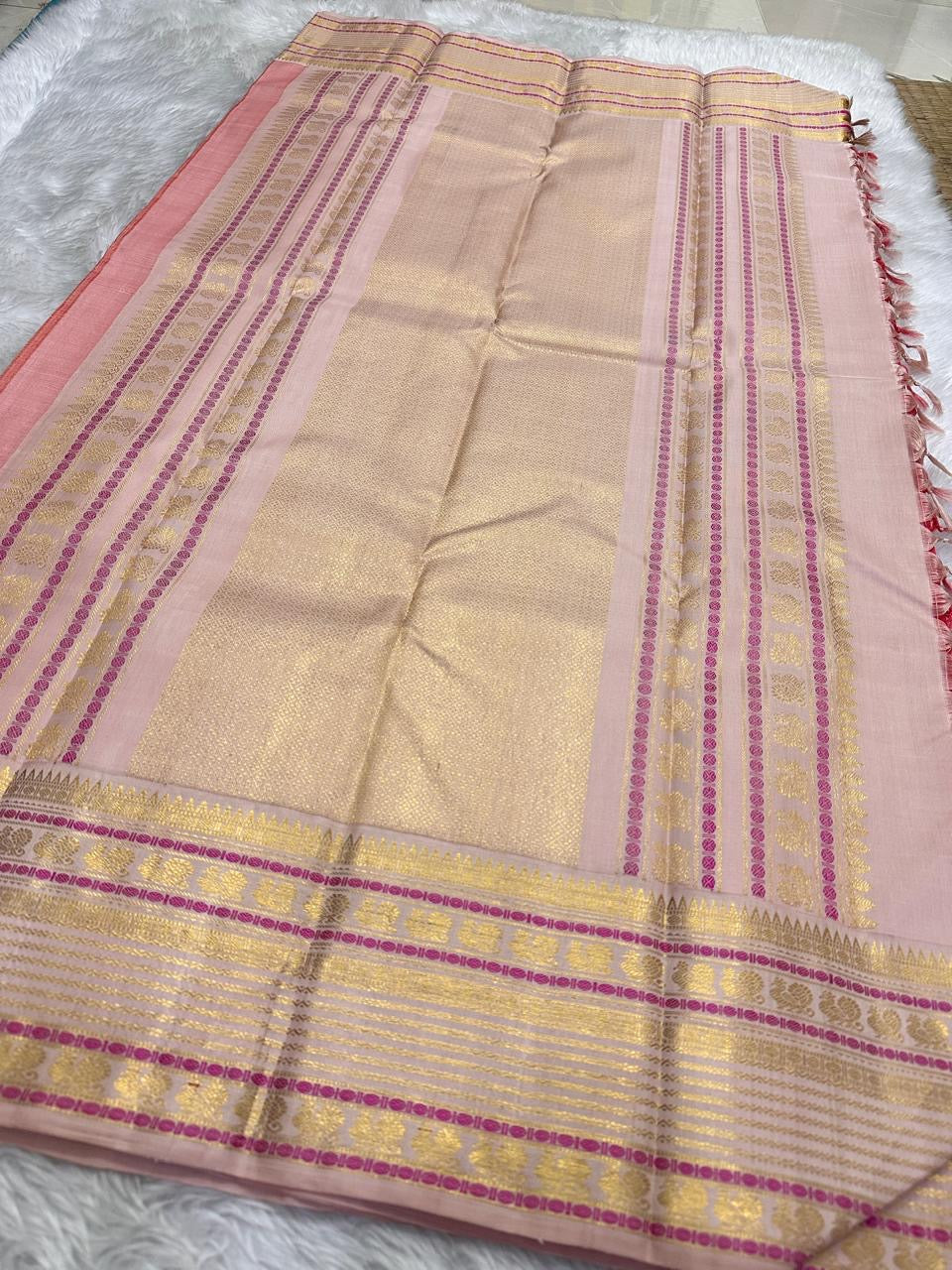 Coral Red Handwoven Pure Silk Kanjipuram Saree with Mayil Chakram Butta and Ganga Jamuna Border