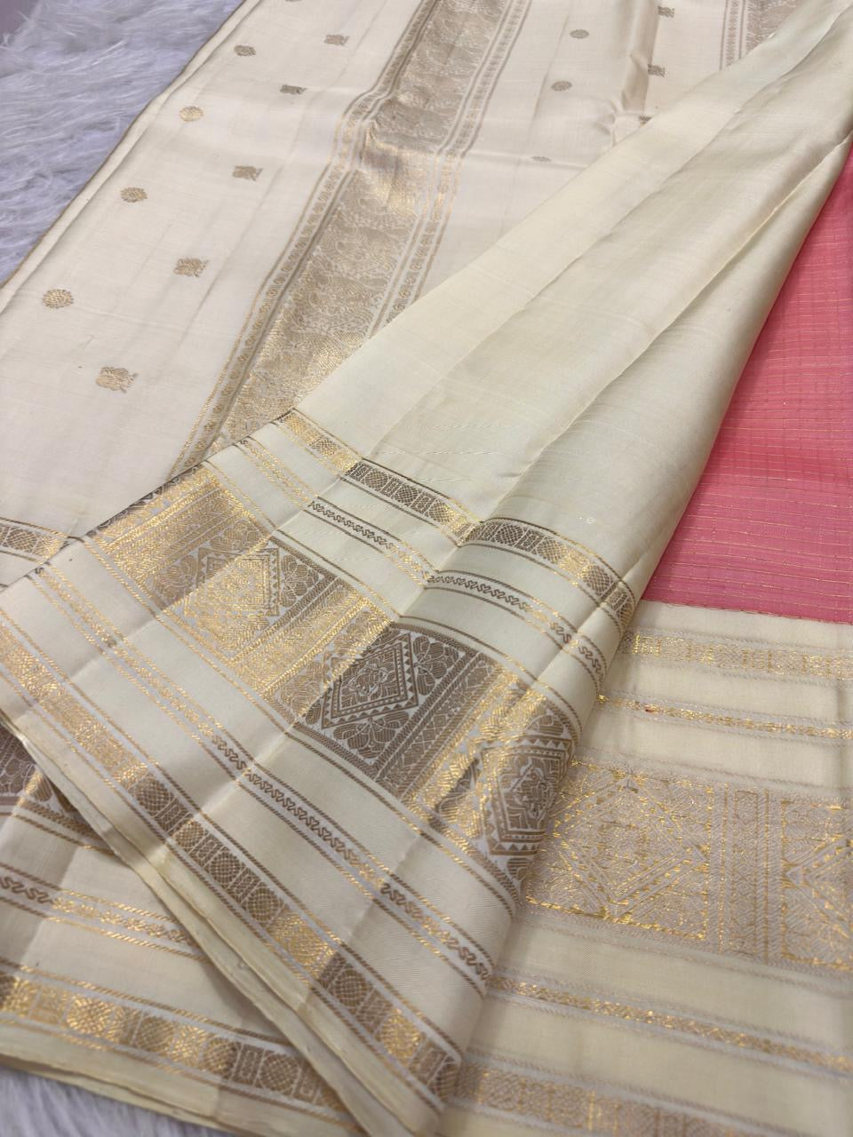 Coral Rose Pink Handwoven Pure Silk Kancheepuram Saree with Zari Kattam Checks and Warm Ivory Border