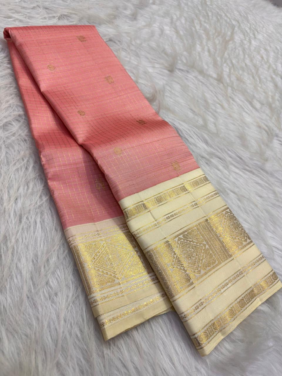 Coral Rose Pink Handwoven Pure Silk Kancheepuram Saree with Zari Kattam Checks and Warm Ivory Border