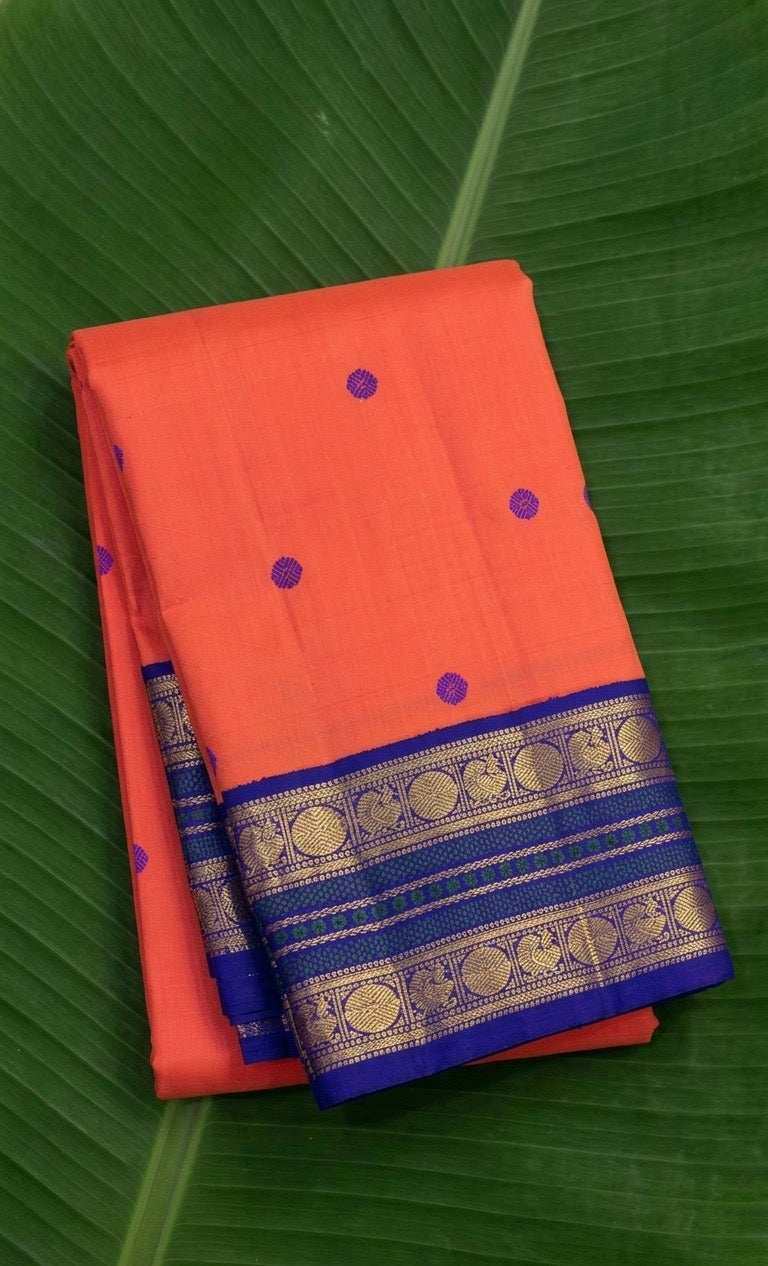 Coral sunset orange and royal violet Korvai Kanchipuram silk saree – full length view