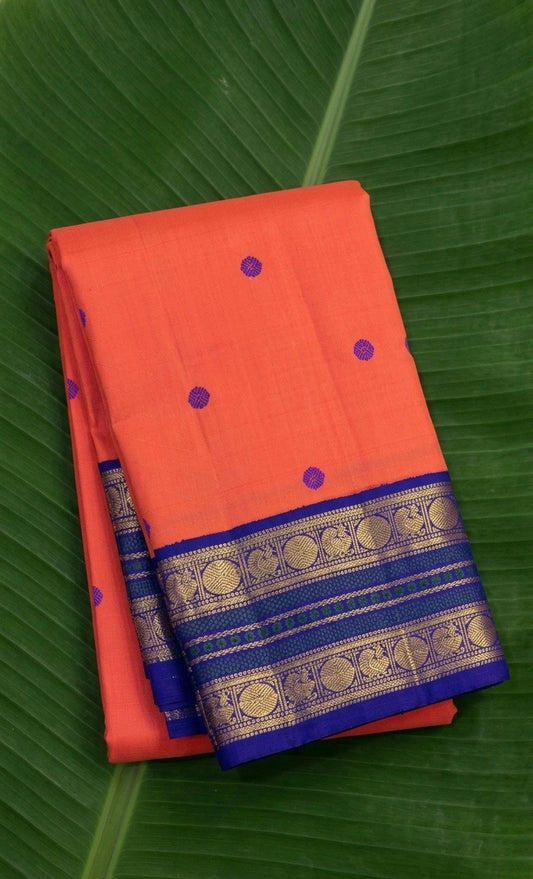 Coral sunset orange and royal violet Korvai Kanchipuram silk saree – full length view