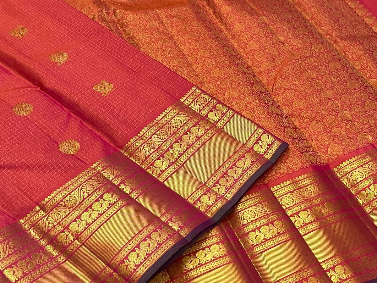 Handwoven Pure Silk Kanchipuram Zari Kattam saree in coral sunset orange, detail view
