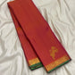 Coral-Arakku Handwoven Pure Silk Kanchi Pattu Vairaoosi Saree with Green Selvedge and Gold Zari