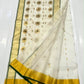 Ivory Katan Silk Chanderi saree border detail with gold-tone weaving and fine Emerald Green edging.
